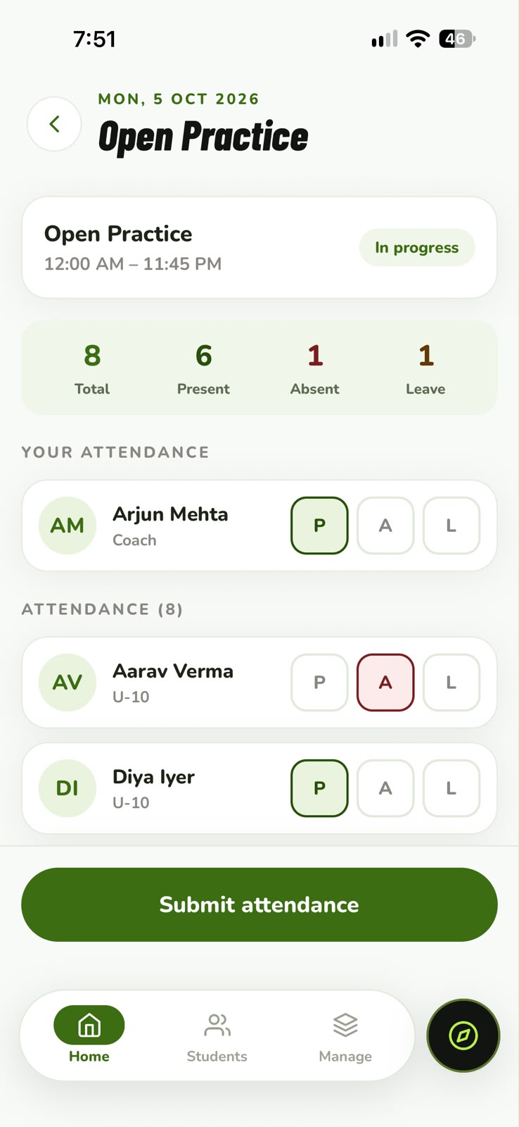 Coach attendance screen